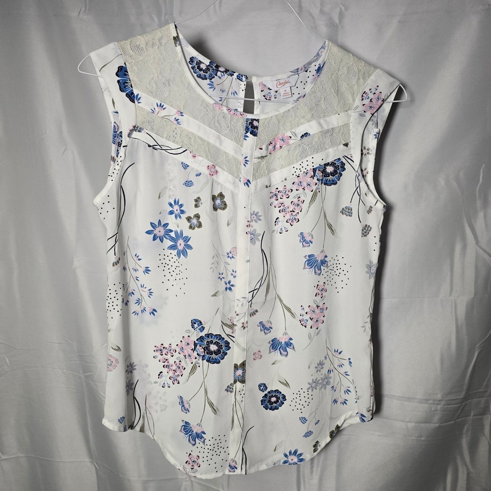 Candie's Women Floral Lace Yoke Sleeveless Blouse White Blue Pink Small